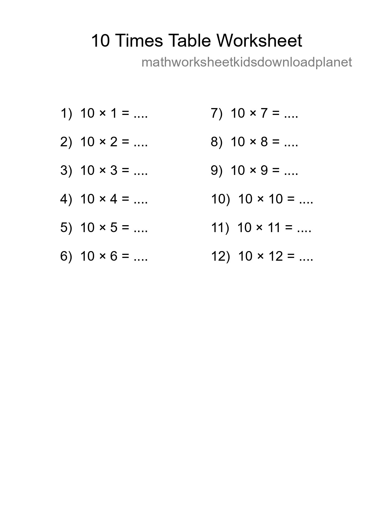 10 Times Table Worksheet For Grade 3 - Part 31