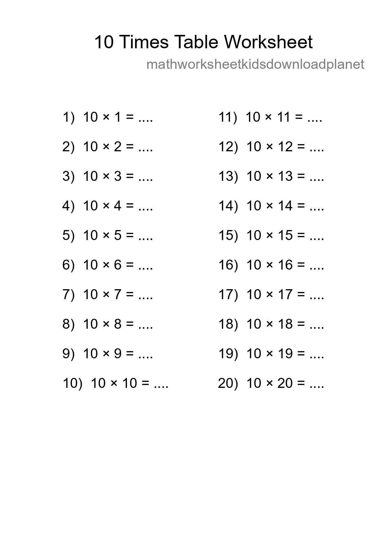 10 Times Table Worksheet For Grade 3 With Answers - Part 130