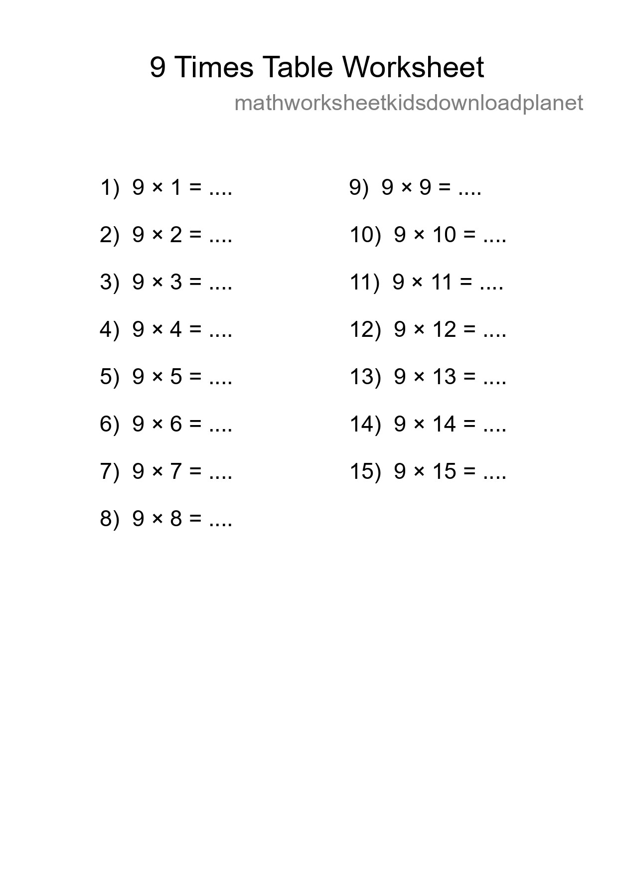 9 Times Table Worksheet For Grade 3 - Part 86