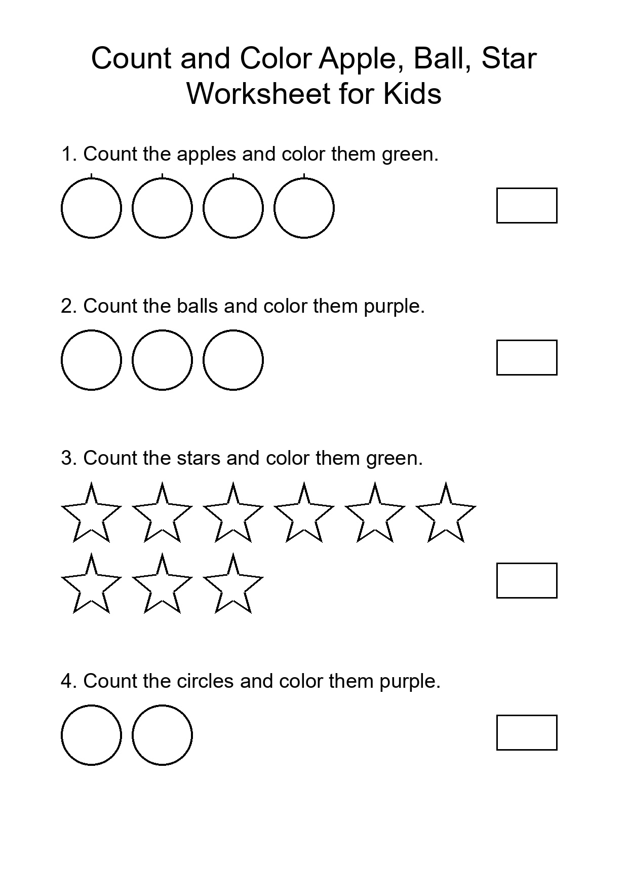 Count and Color Apple, Ball, Star Worksheet for Kids