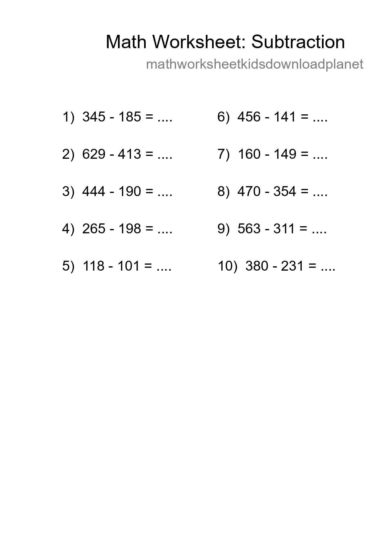 Free 10 Subtraction Math Worksheet For Grade 5 - Part 228