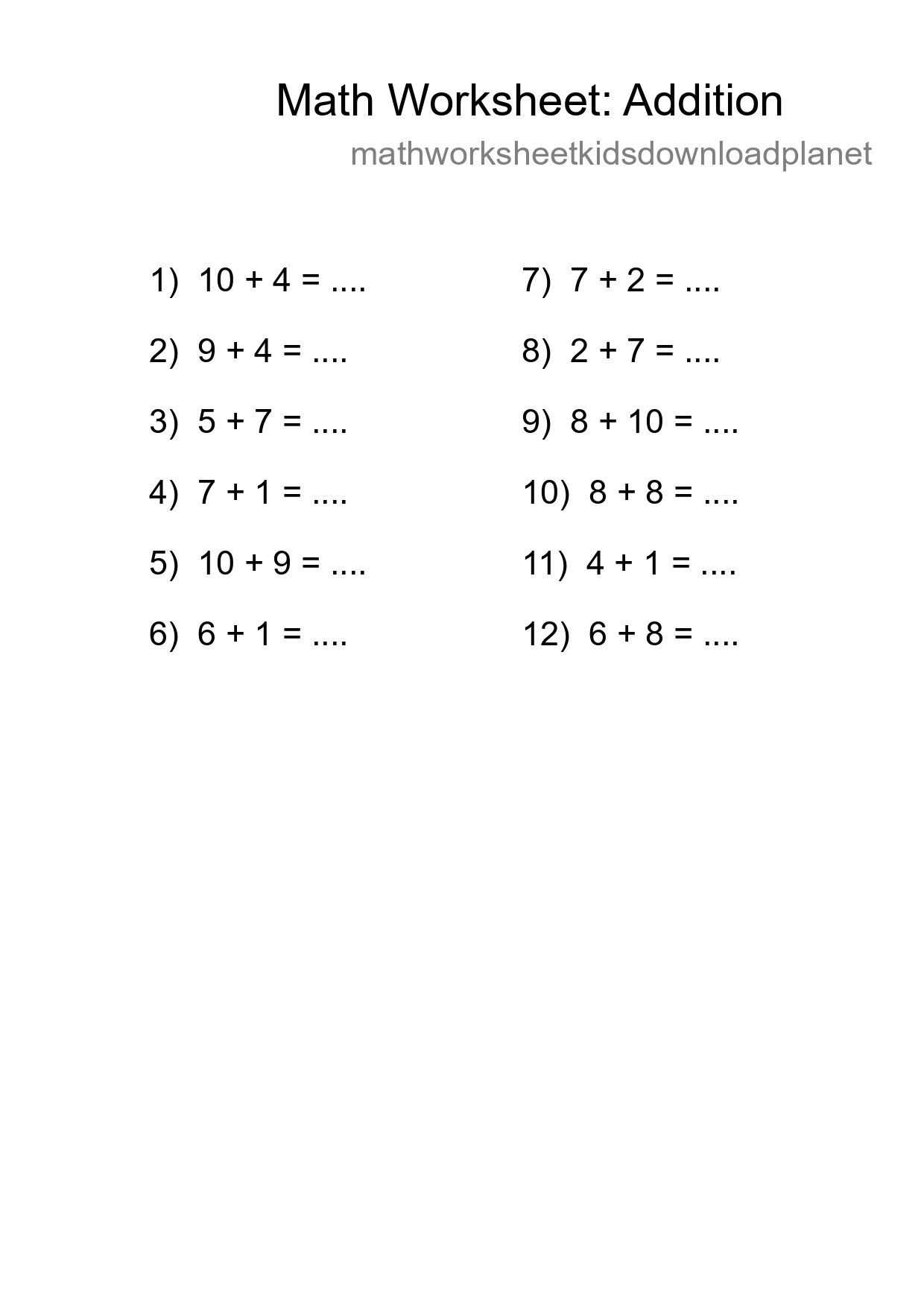 Free 12 Addition Math Worksheet For Grade 1 - Part 188