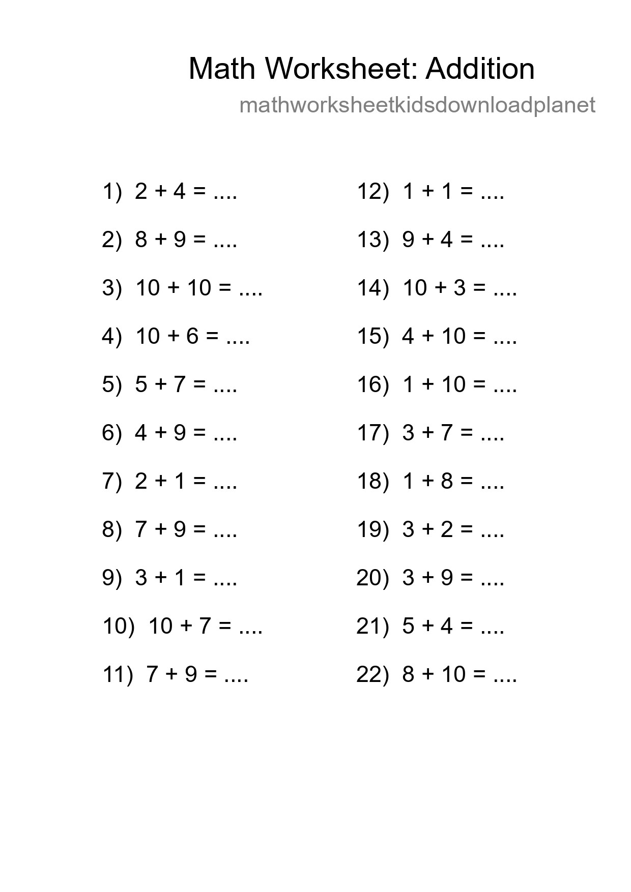 Free 22 Addition Math Worksheet For Grade 1