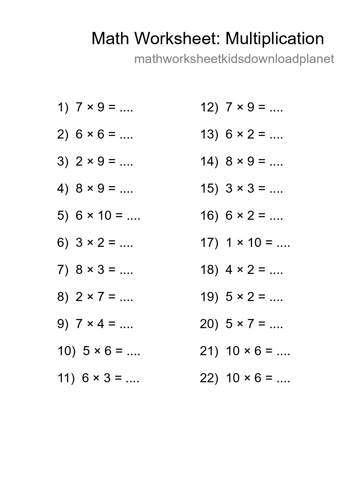 Free 22 Multiplication Math Worksheet For Grade 1 - Part 95
