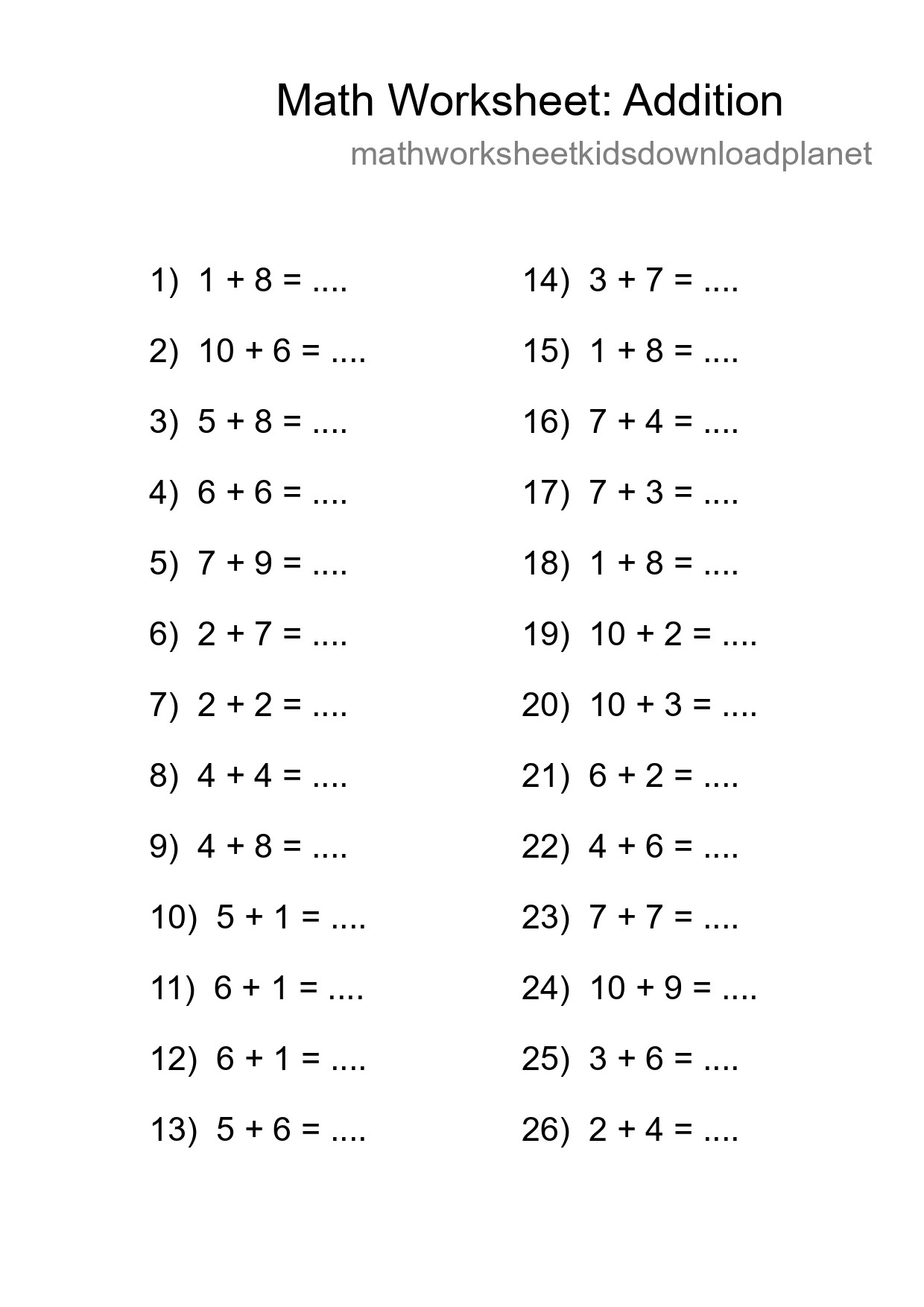 Free 26 Addition Math Worksheet For Grade 1 - Part 232