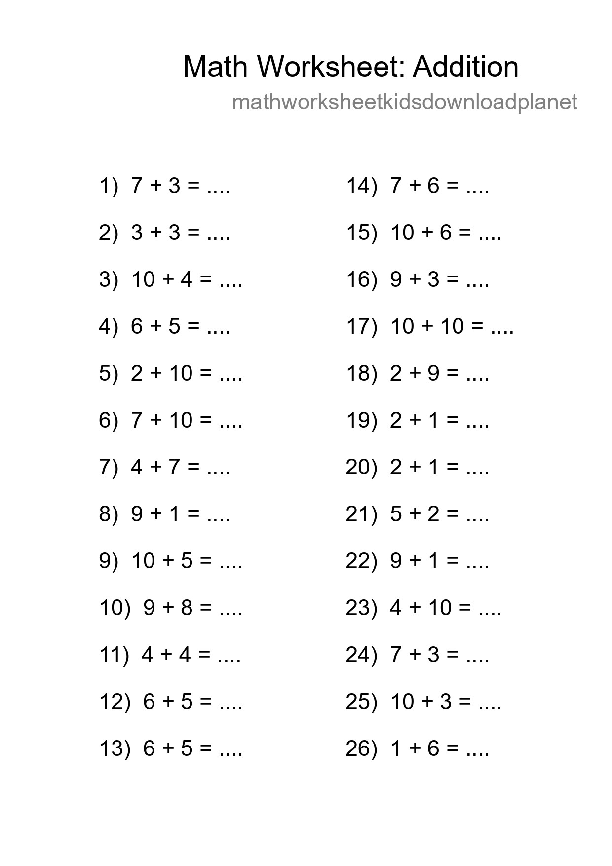 Free 26 Addition Math Worksheet For Grade 1 - Part 45