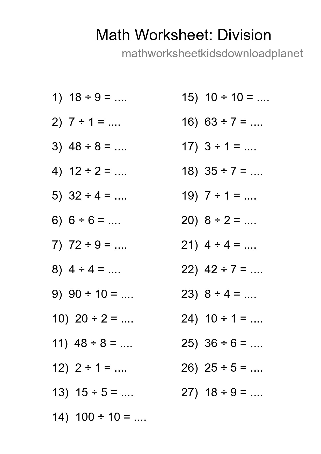 Free 27 Division Math Worksheet For Grade 1 With Answers - Part 246