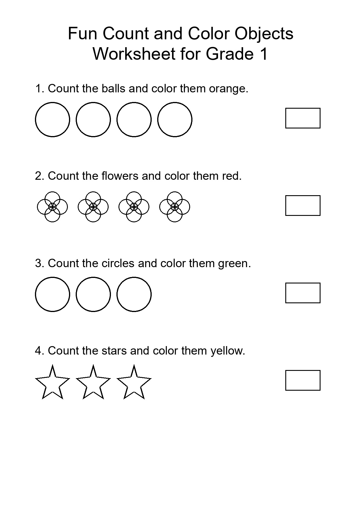 Fun Count and Color Objects Worksheet for Grade 1