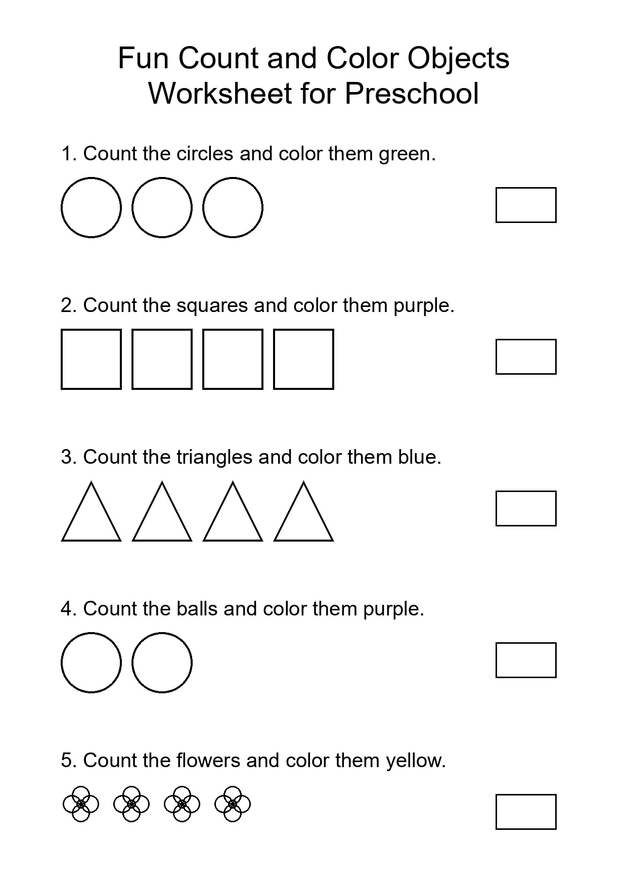 Fun Count and Color Objects Worksheet for Preschool
