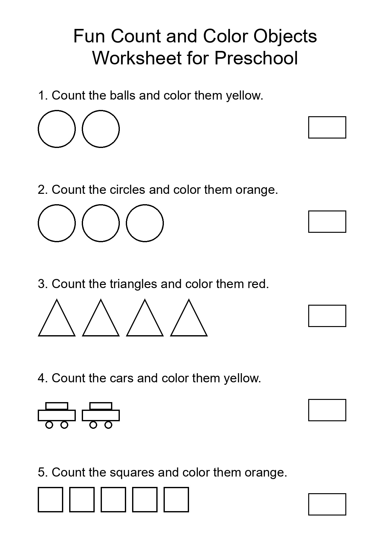 Fun Count and Color Objects Worksheet for Preschool