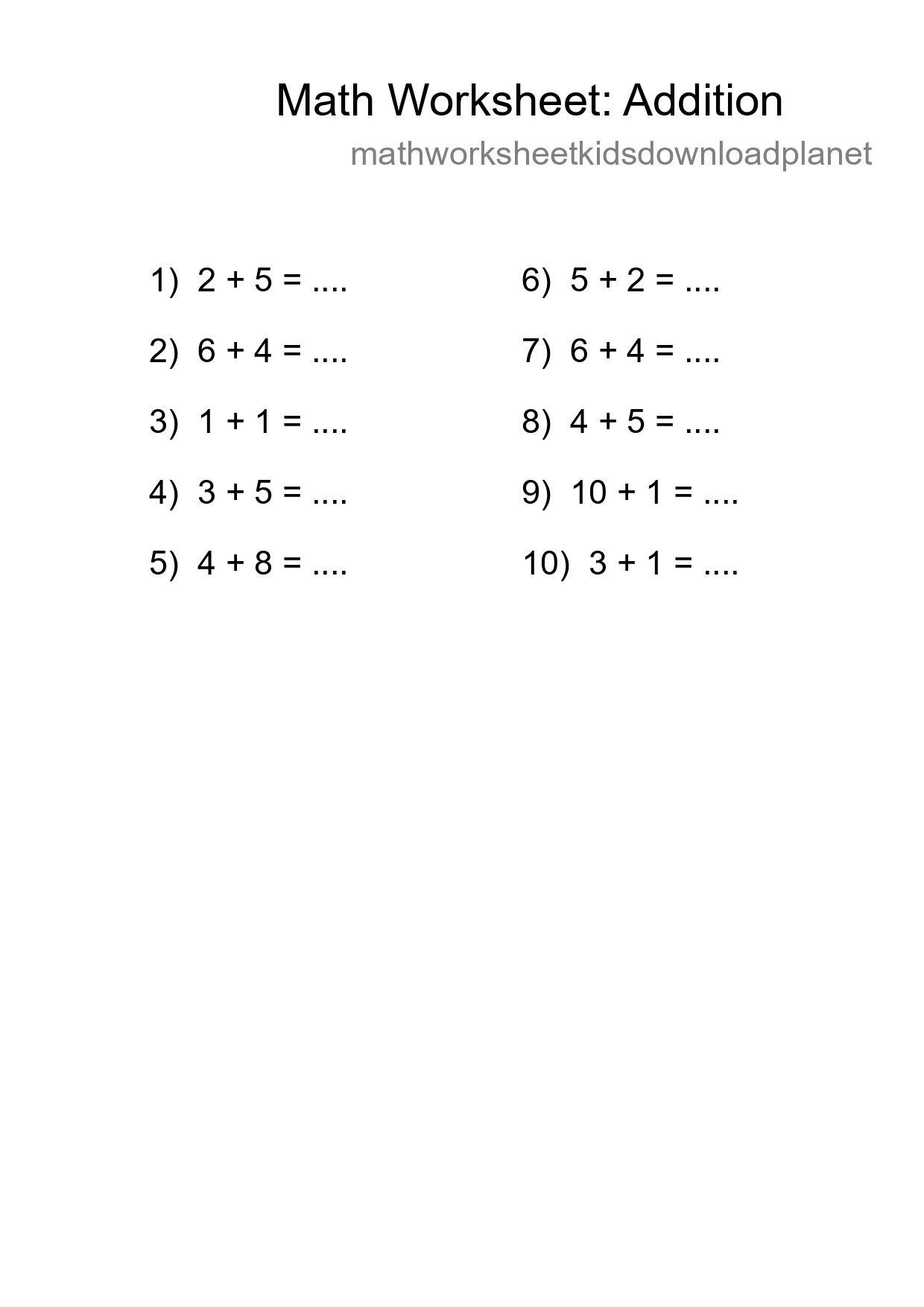 Grade 1 Addition Practice Worksheet (10 Problems) - Part 12