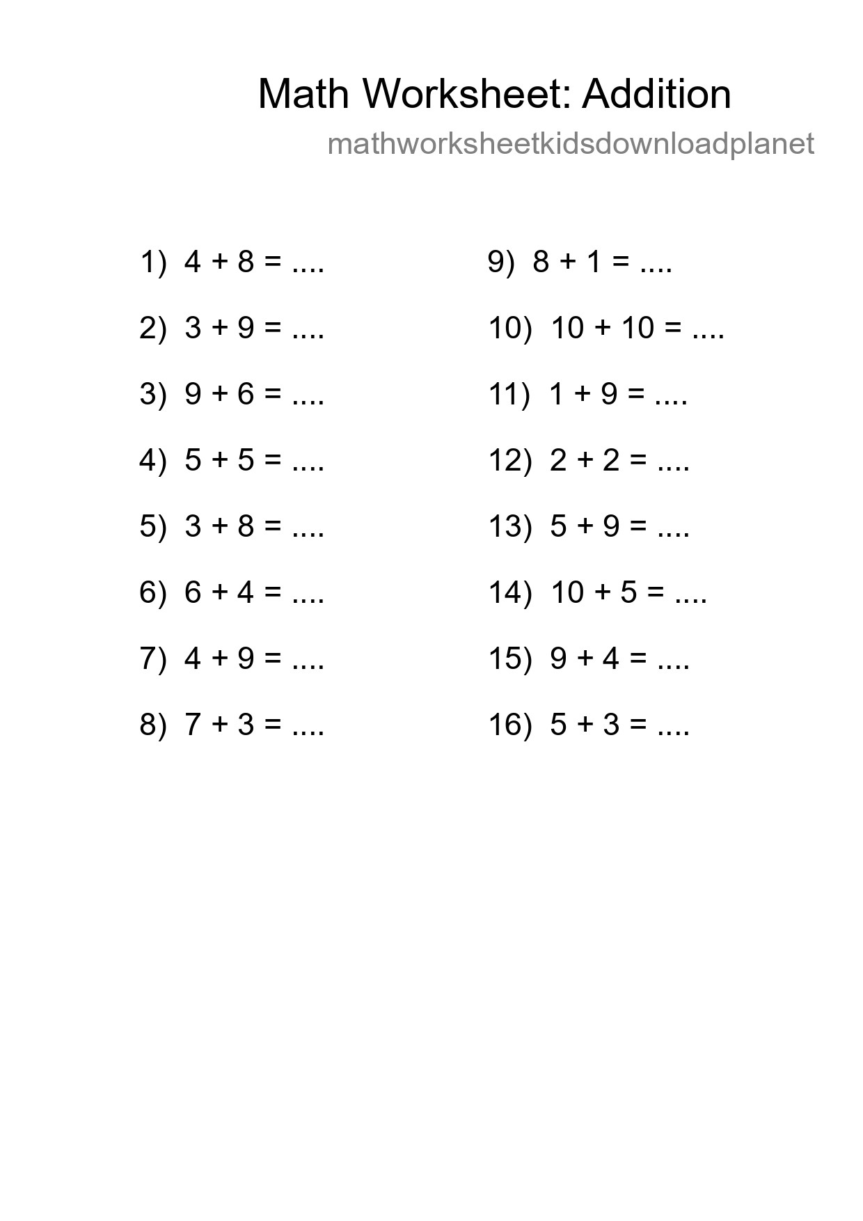 Grade 1 Addition Practice Worksheet (16 Problems) - Part 78