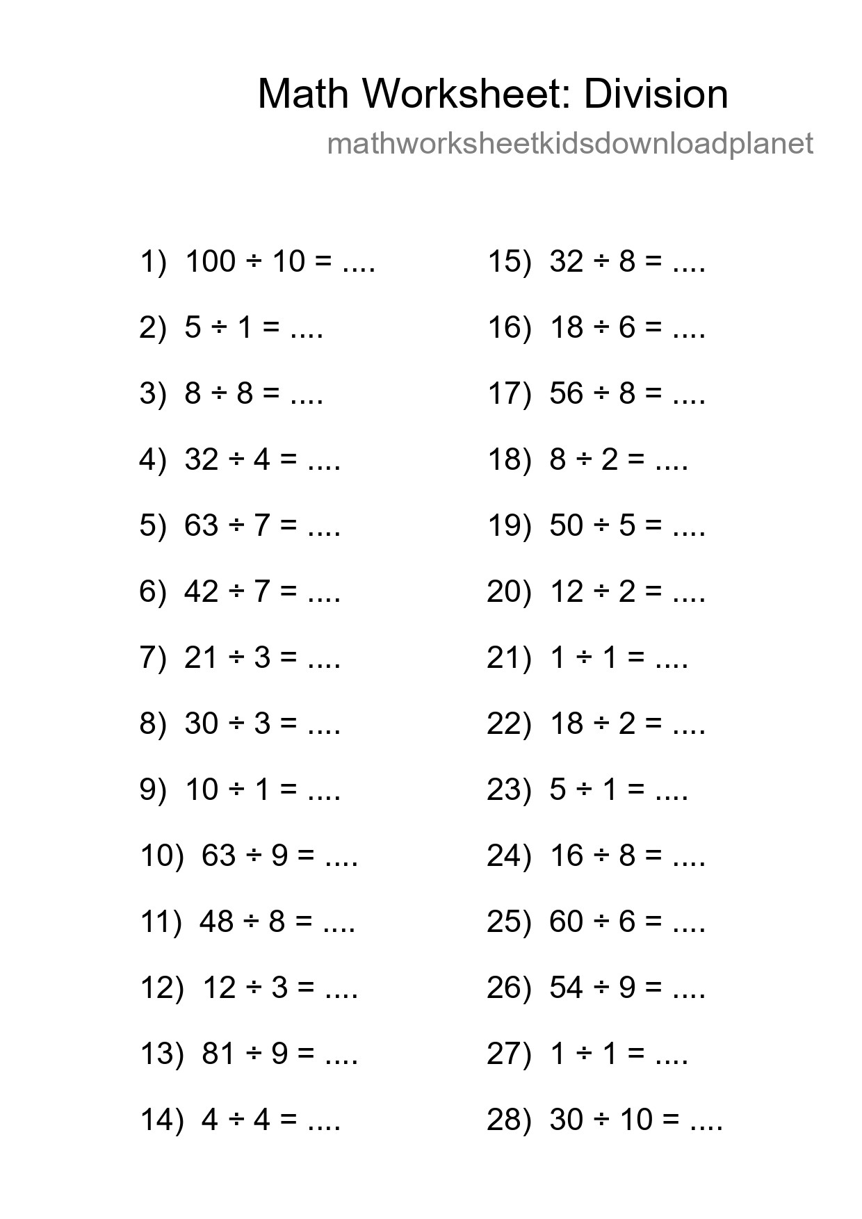 Grade 1 Division Practice Worksheet (28 Problems) - Part 180