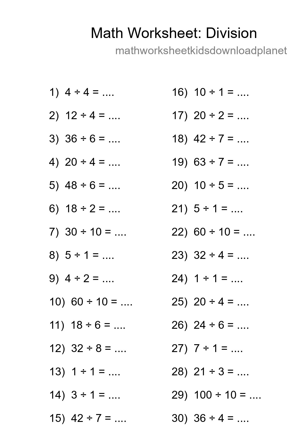 Grade 1 Division Practice Worksheet (30 Problems) - Part 114