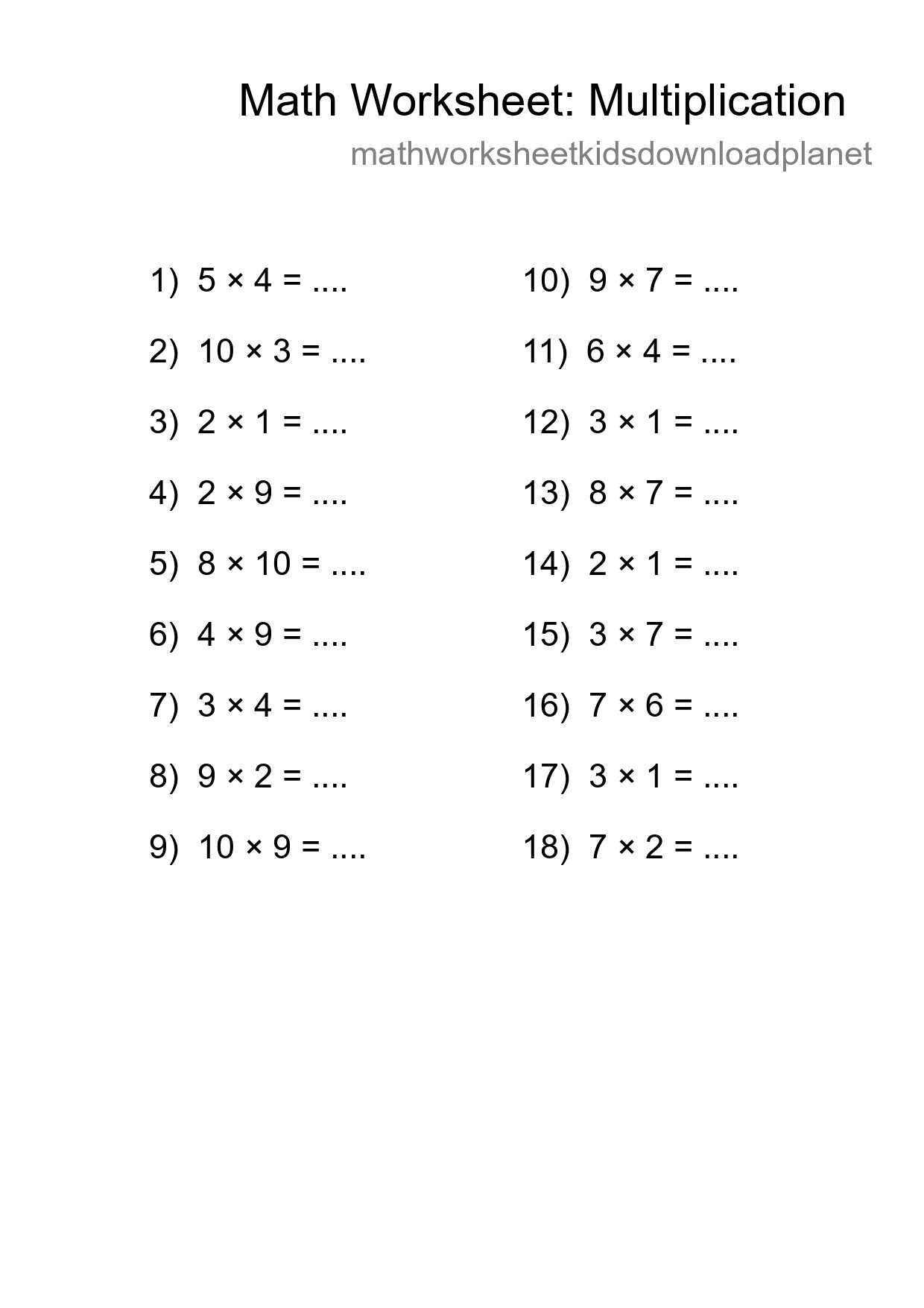 Grade 1 Multiplication Practice Worksheet (18 Problems) - Part 29