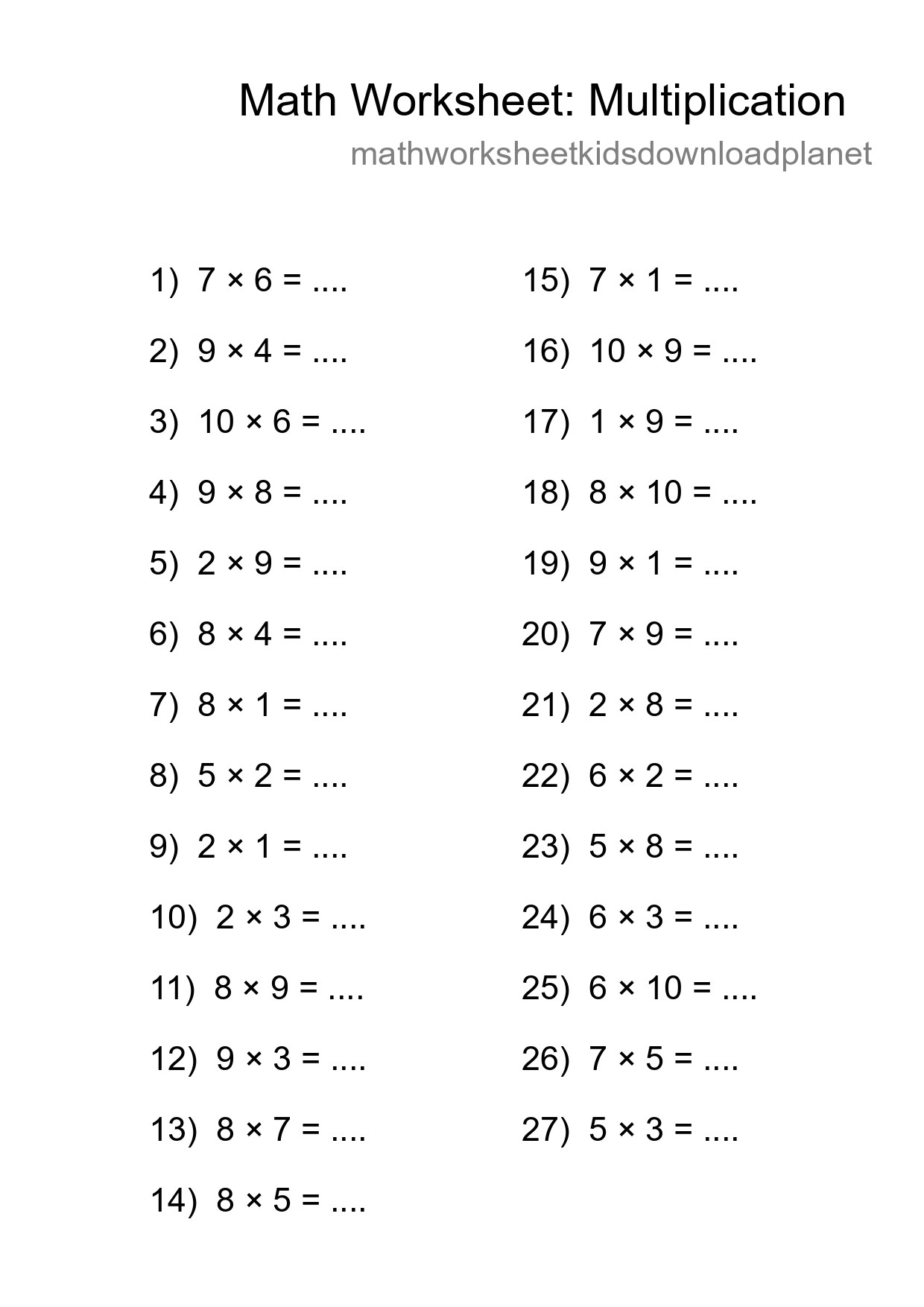 Grade 1 Multiplication Practice Worksheet (27 Problems) - Part 51