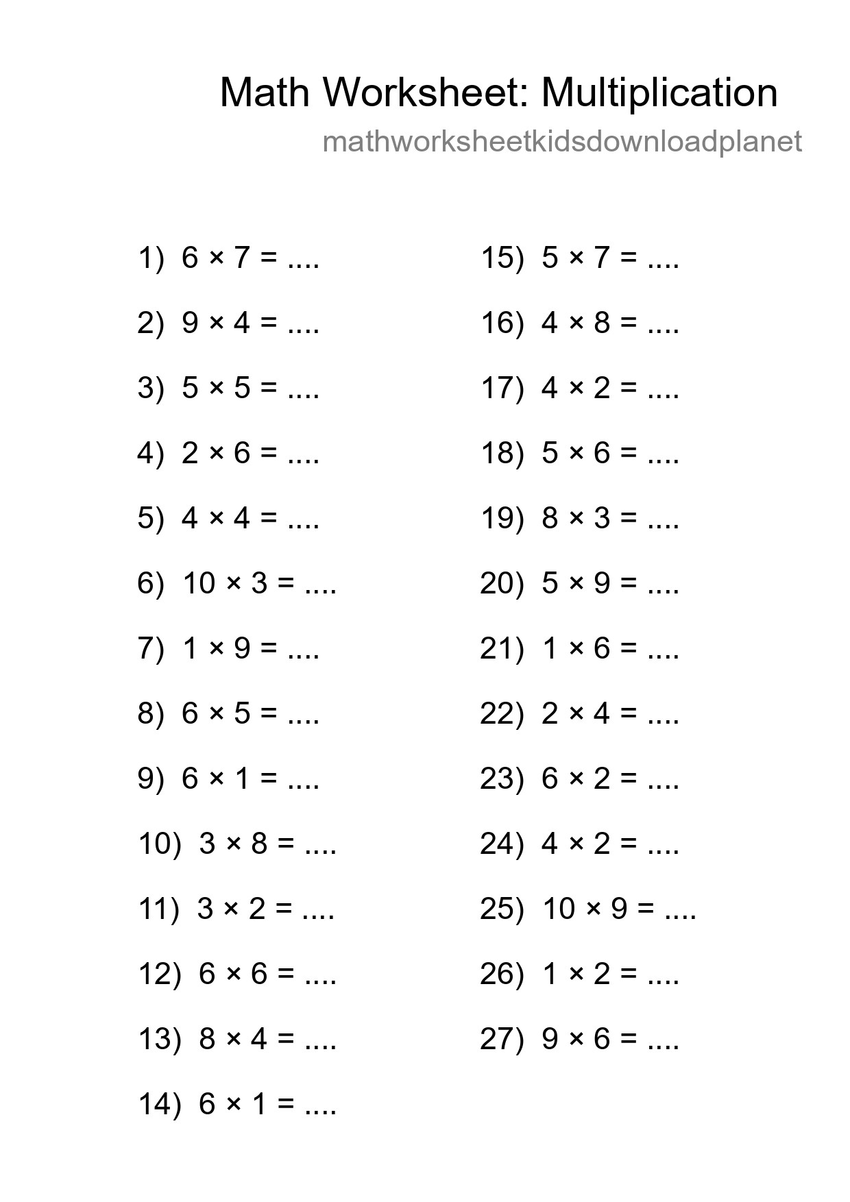 Grade 1 Multiplication Practice Worksheet (27 Problems) - Part 84