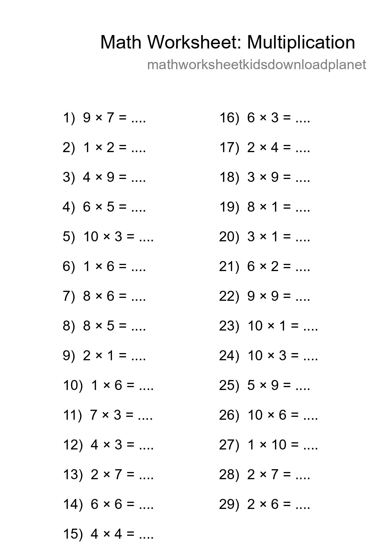 Grade 1 Multiplication Practice Worksheet (29 Problems) - Part 227