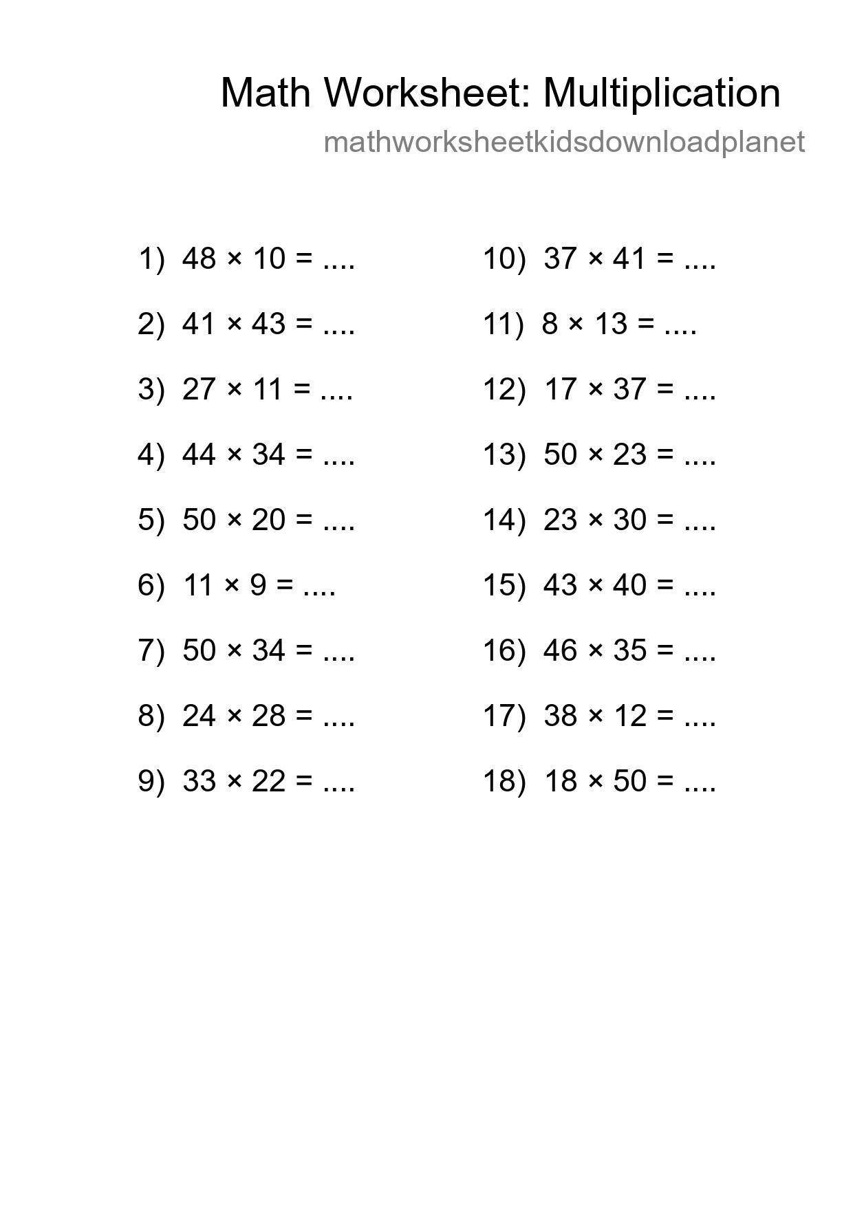 Grade 2 Multiplication Practice Worksheet (18 Problems) - Part 161