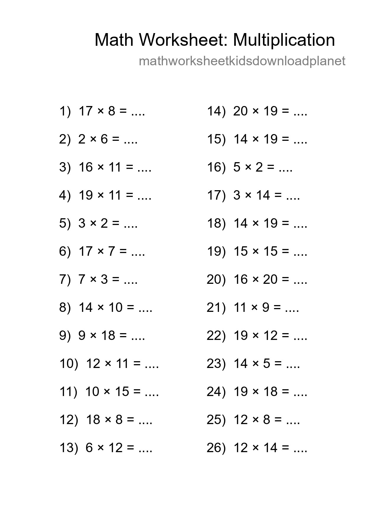 Grade 2 Multiplication Practice Worksheet (26 Problems) - Part 40
