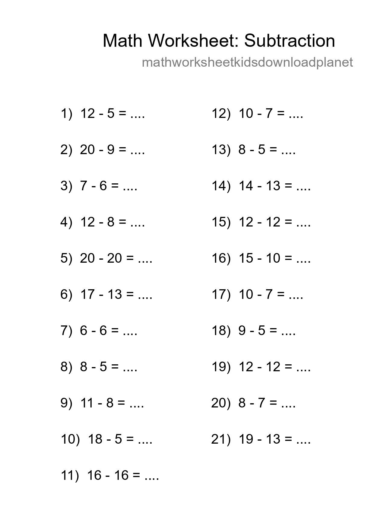 Grade 2 Subtraction Practice Worksheet (21 Problems) - Part 74