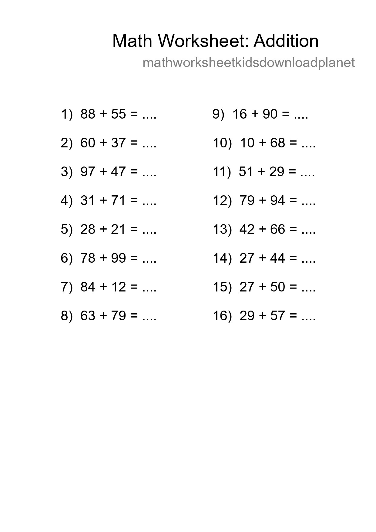 Grade 3 Addition Practice Worksheet (16 Problems) - Part 111