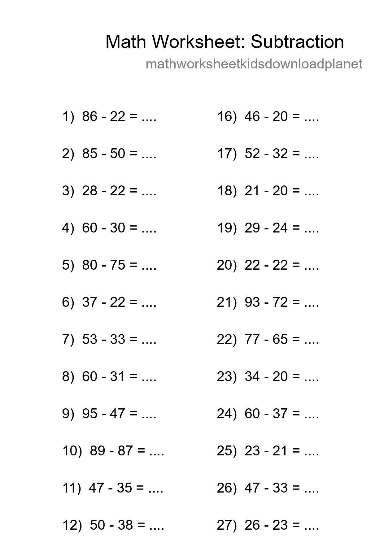 Grade 3 Subtraction Practice Worksheet (29 Problems) - Part 206