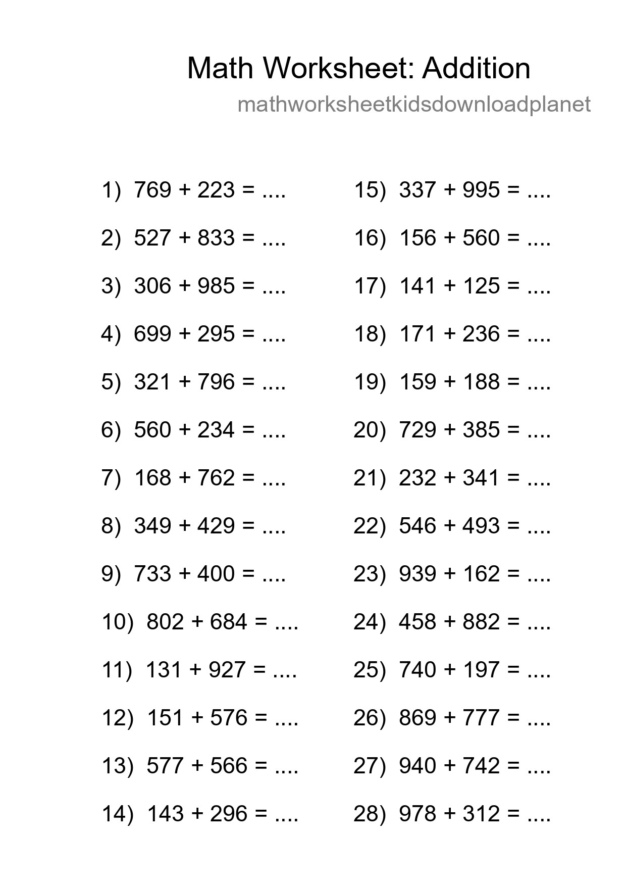 Grade 5 Addition Practice Worksheet (28 Problems) - Part 56