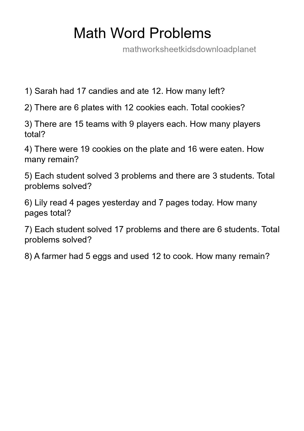 Math Word Problem Worksheet