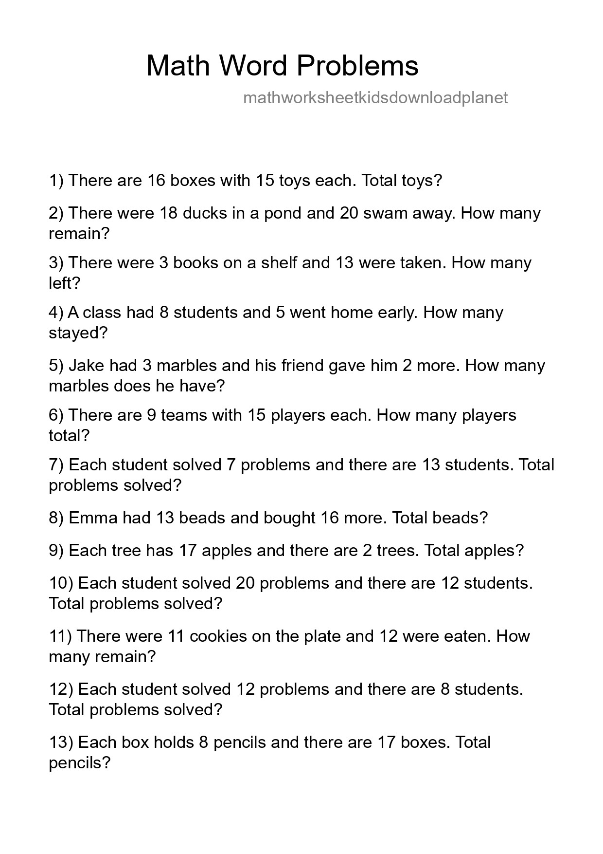 Math Word Problem Worksheet