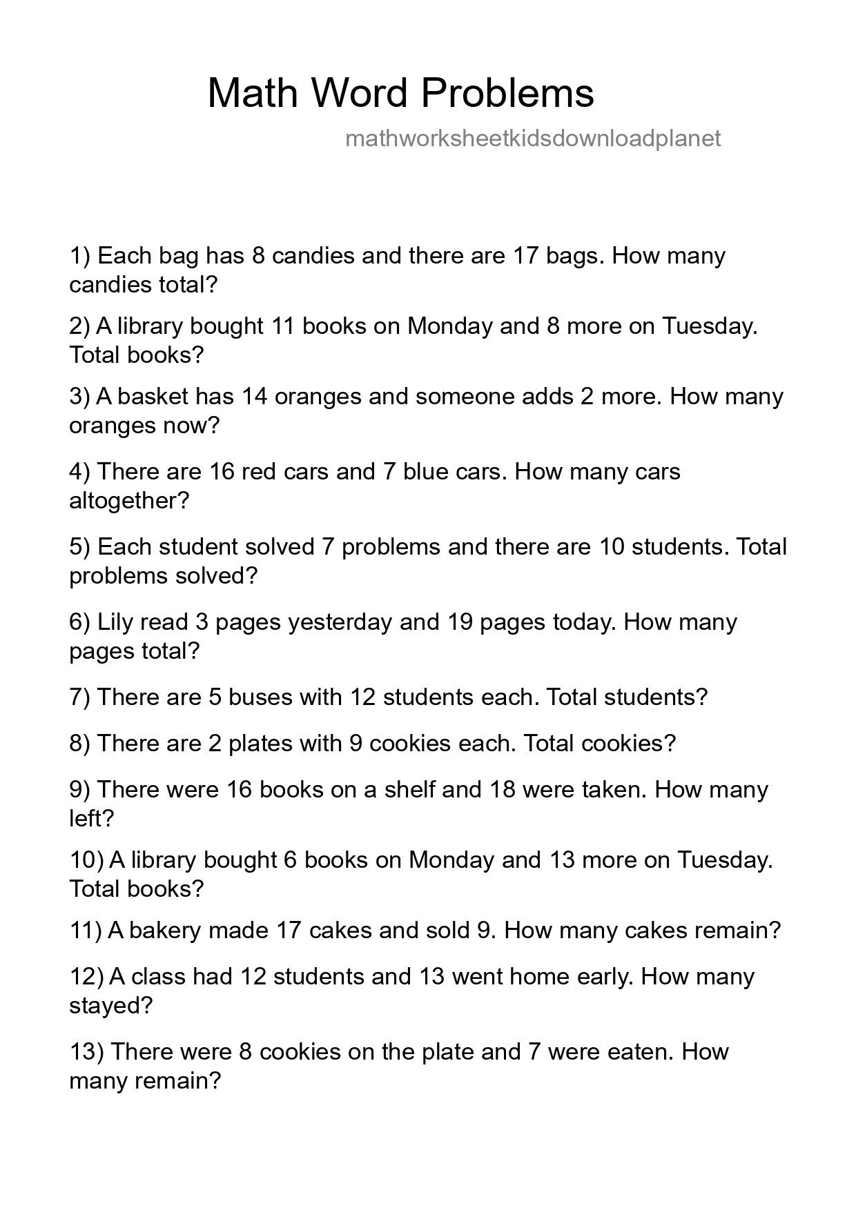 Math Word Problem Worksheet