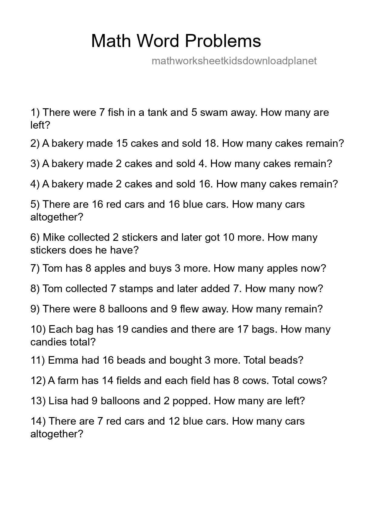 Math Word Problem Worksheet