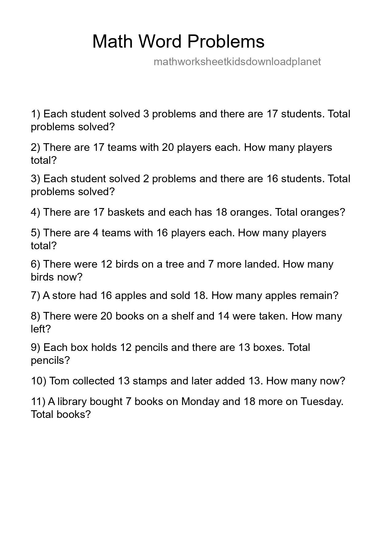 Math Word Problem Worksheet