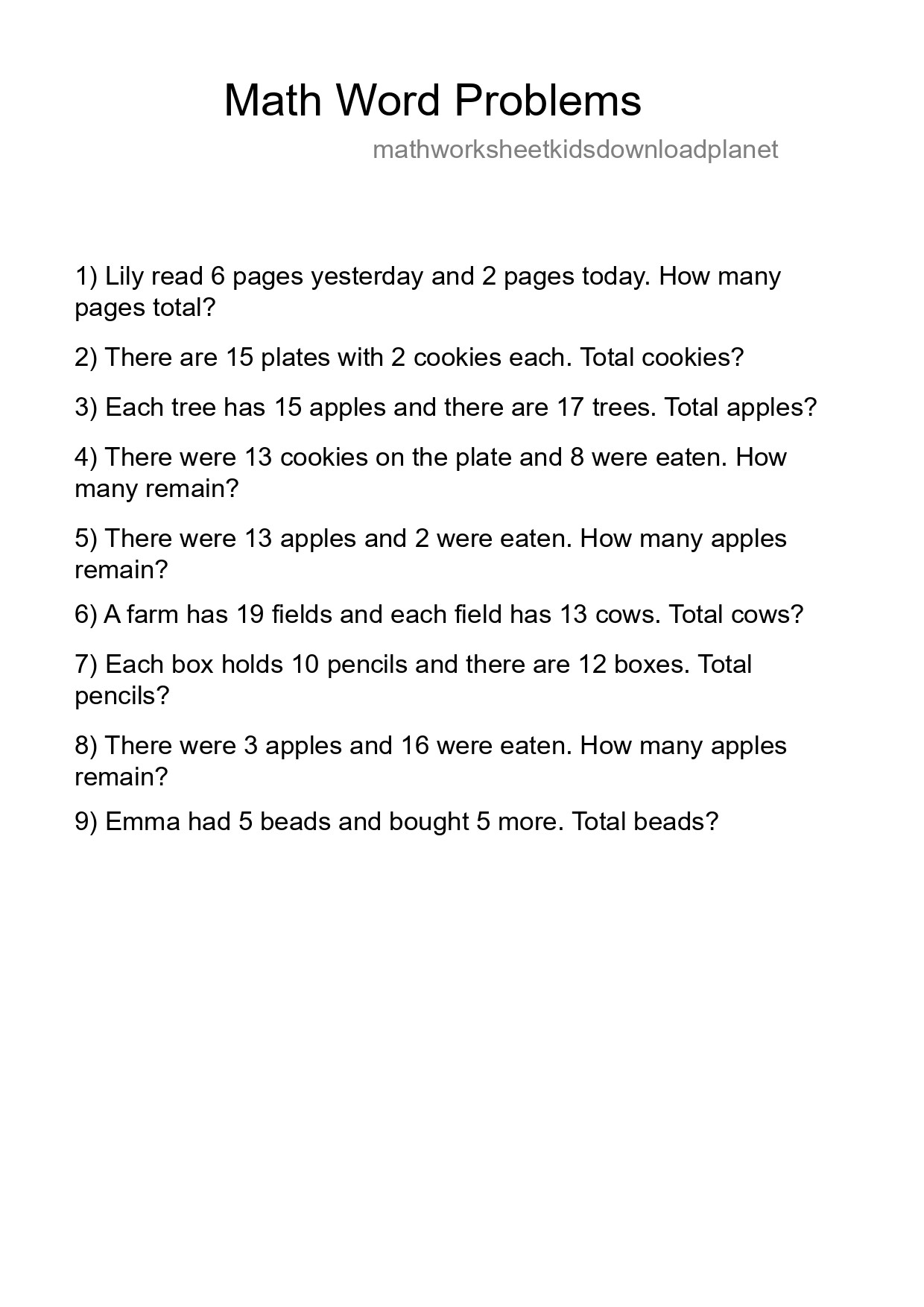 Math Word Problem Worksheet