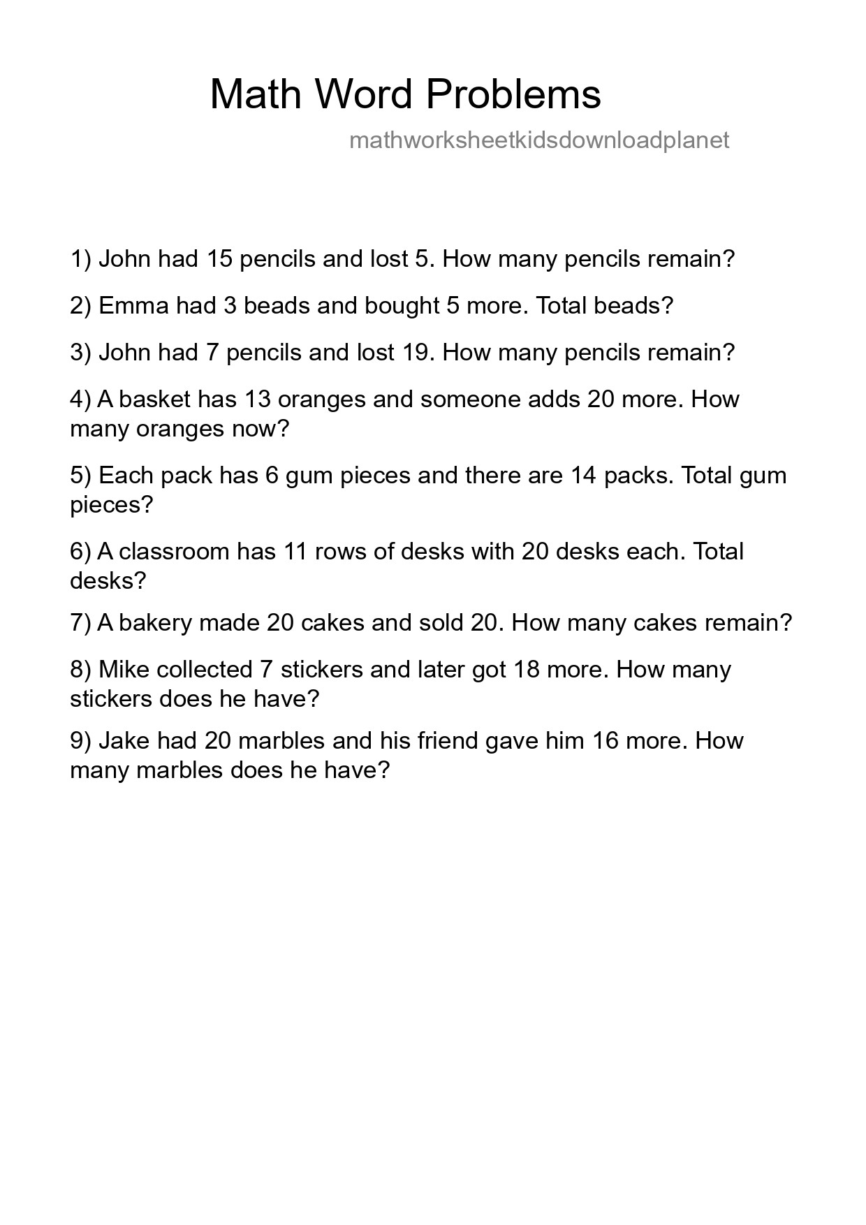 Math Word Problem Worksheet