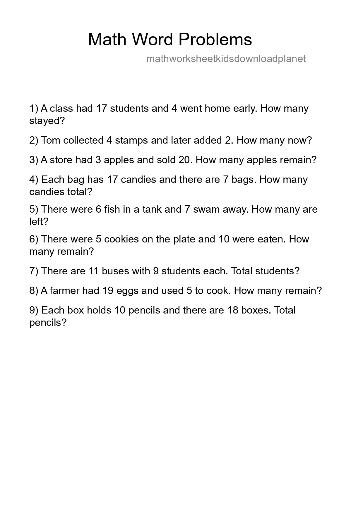 Math Word Problem Worksheet