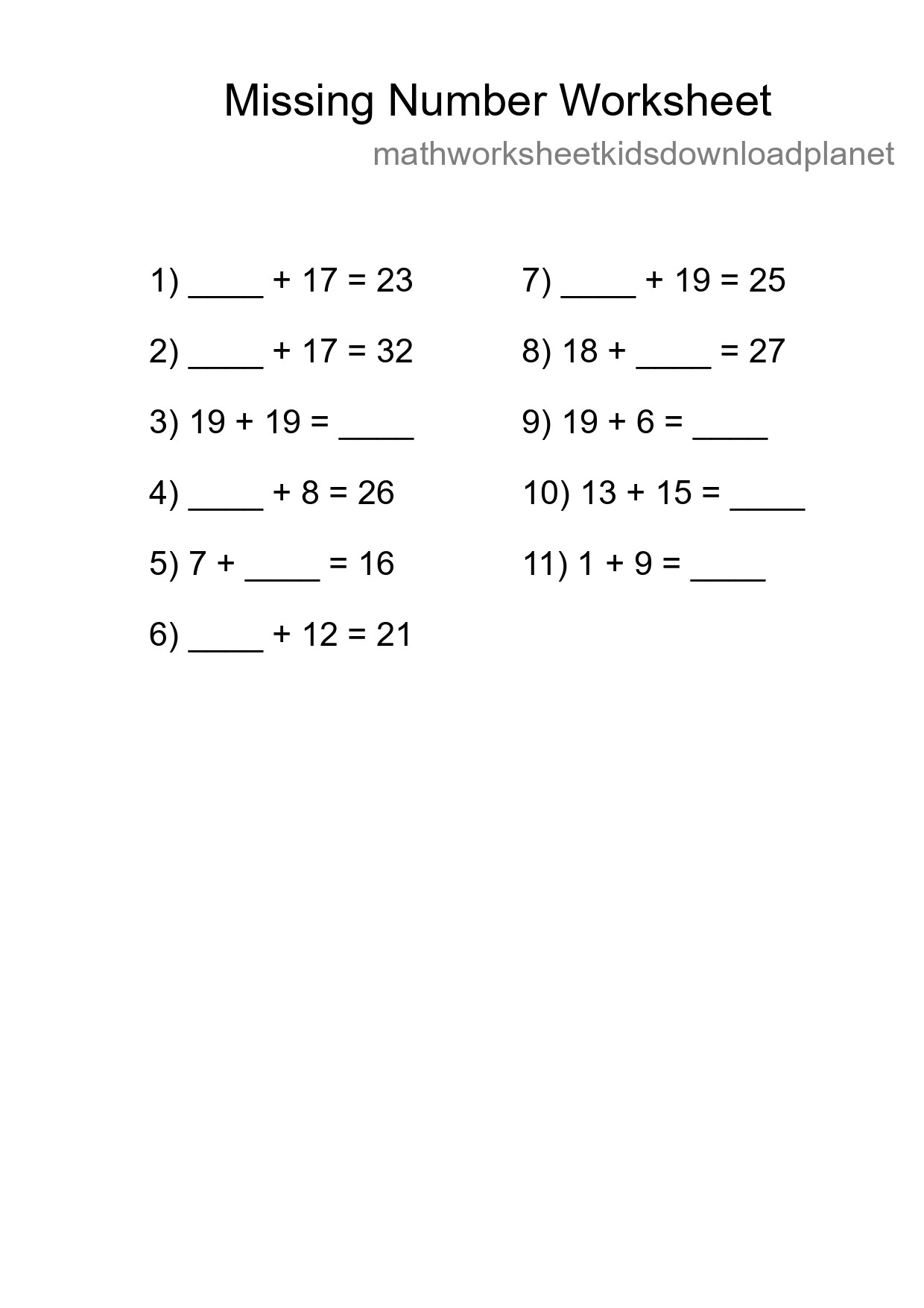 Missing Number Math Worksheet