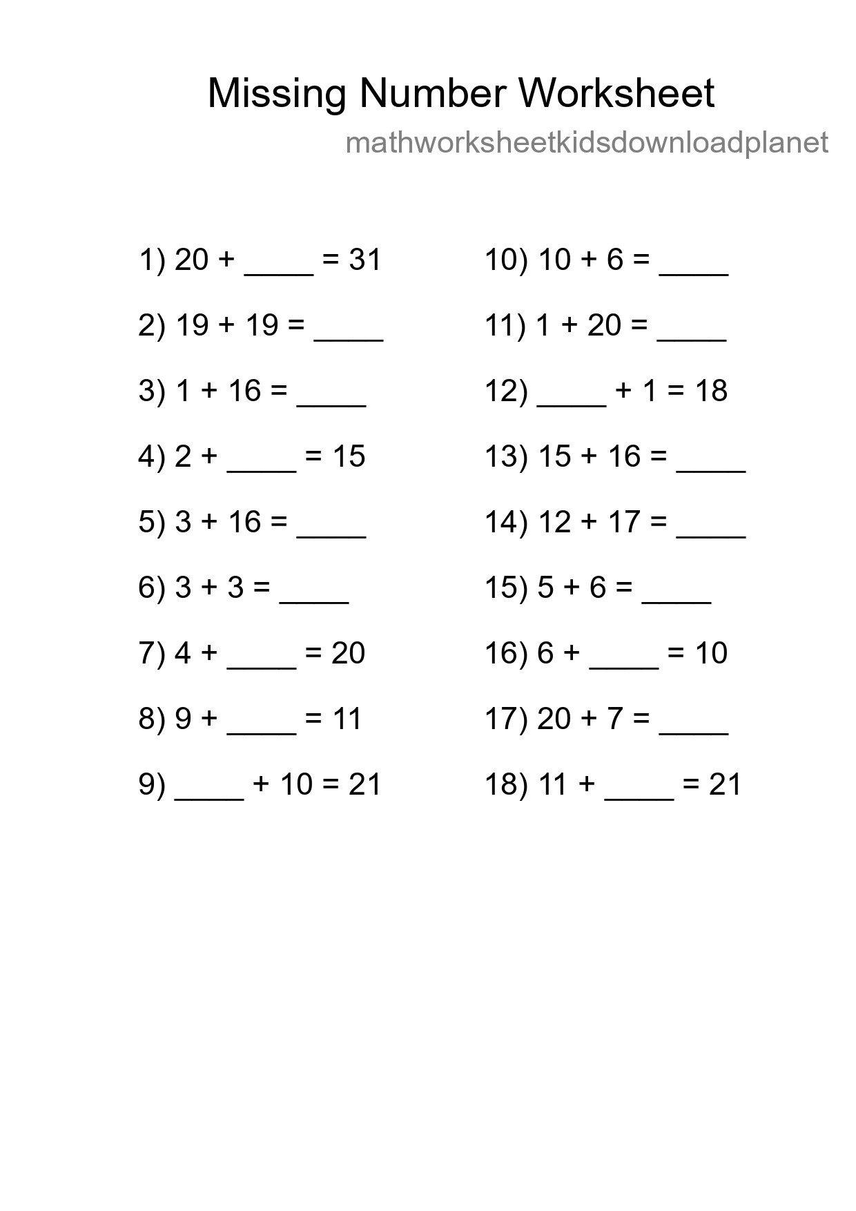 Missing Number Math Worksheet