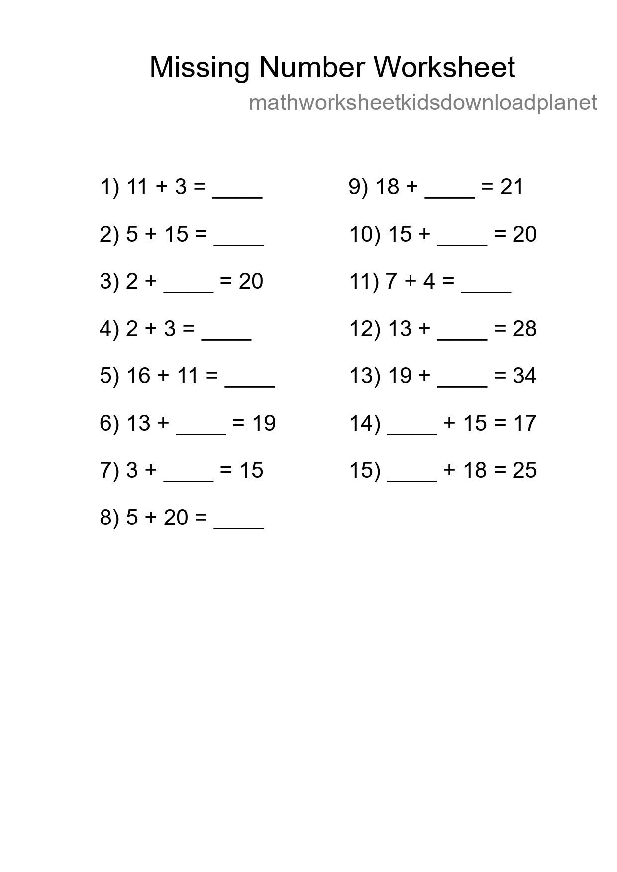 Missing Number Math Worksheet