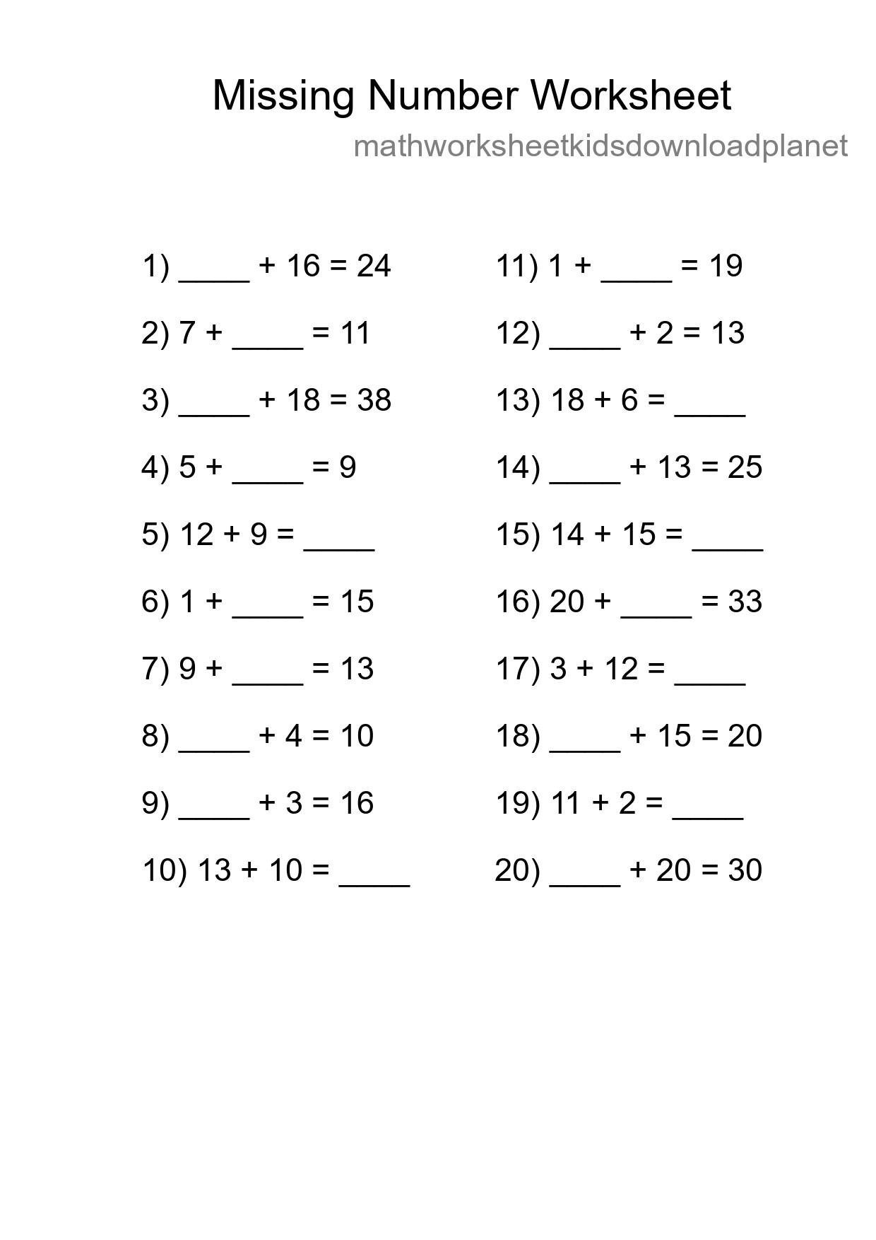 Missing Number Math Worksheet