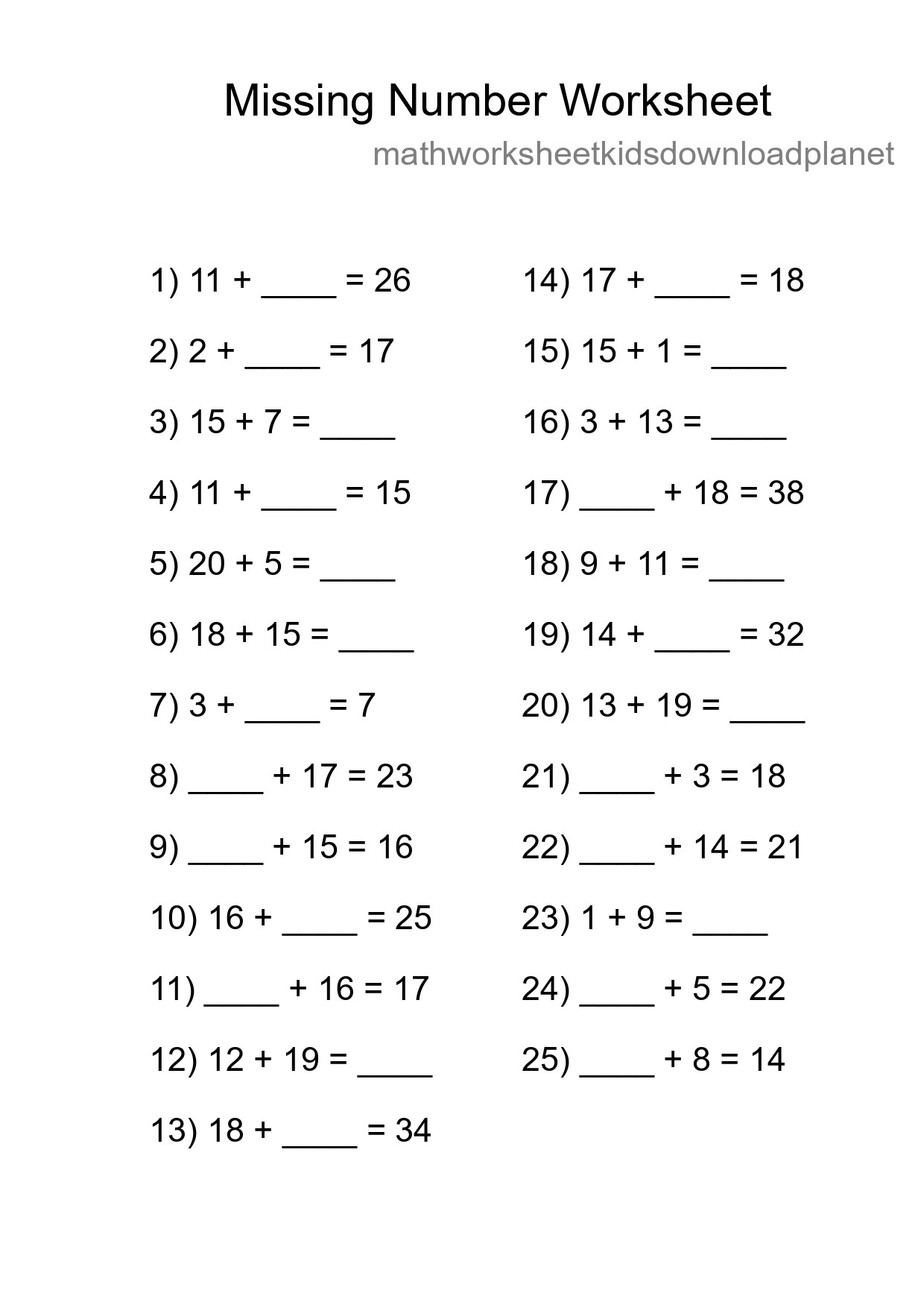 Missing Number Math Worksheet