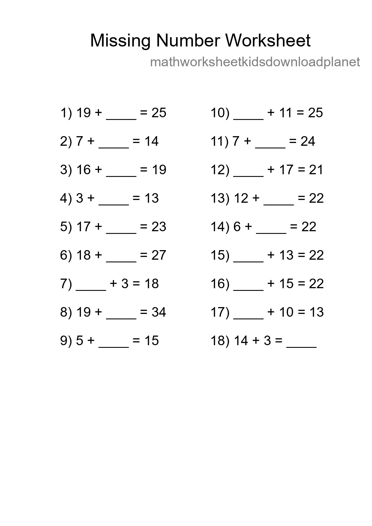 Missing Number Math Worksheet