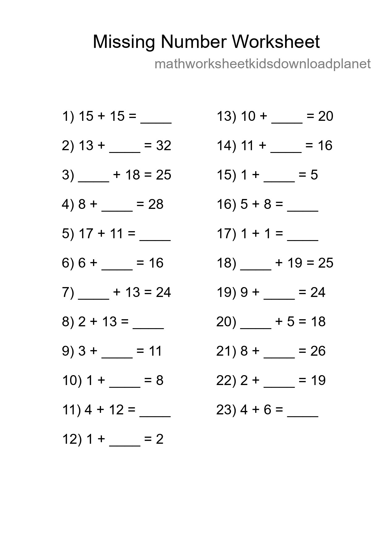 Missing Number Math Worksheet