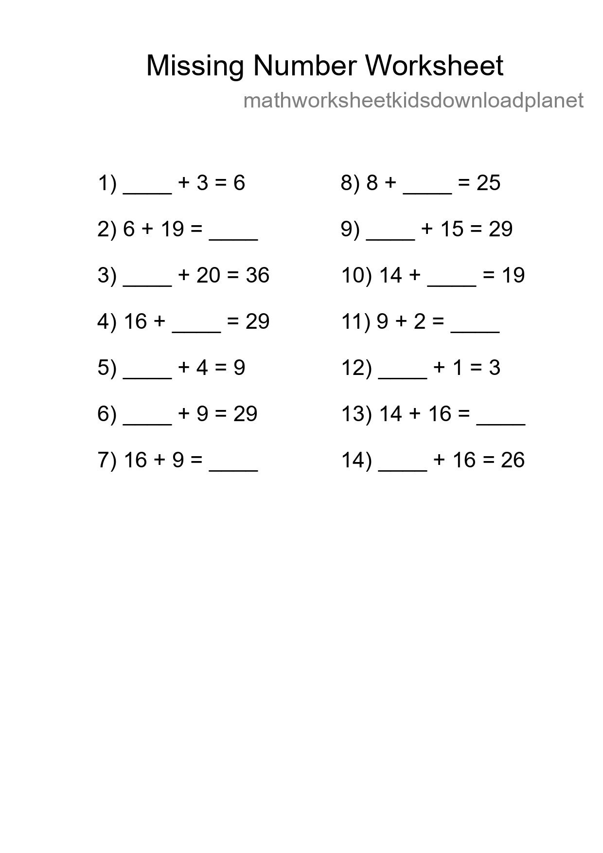 Missing Number Math Worksheet