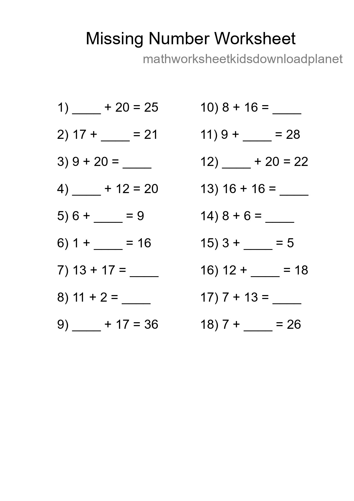 Missing Number Math Worksheet