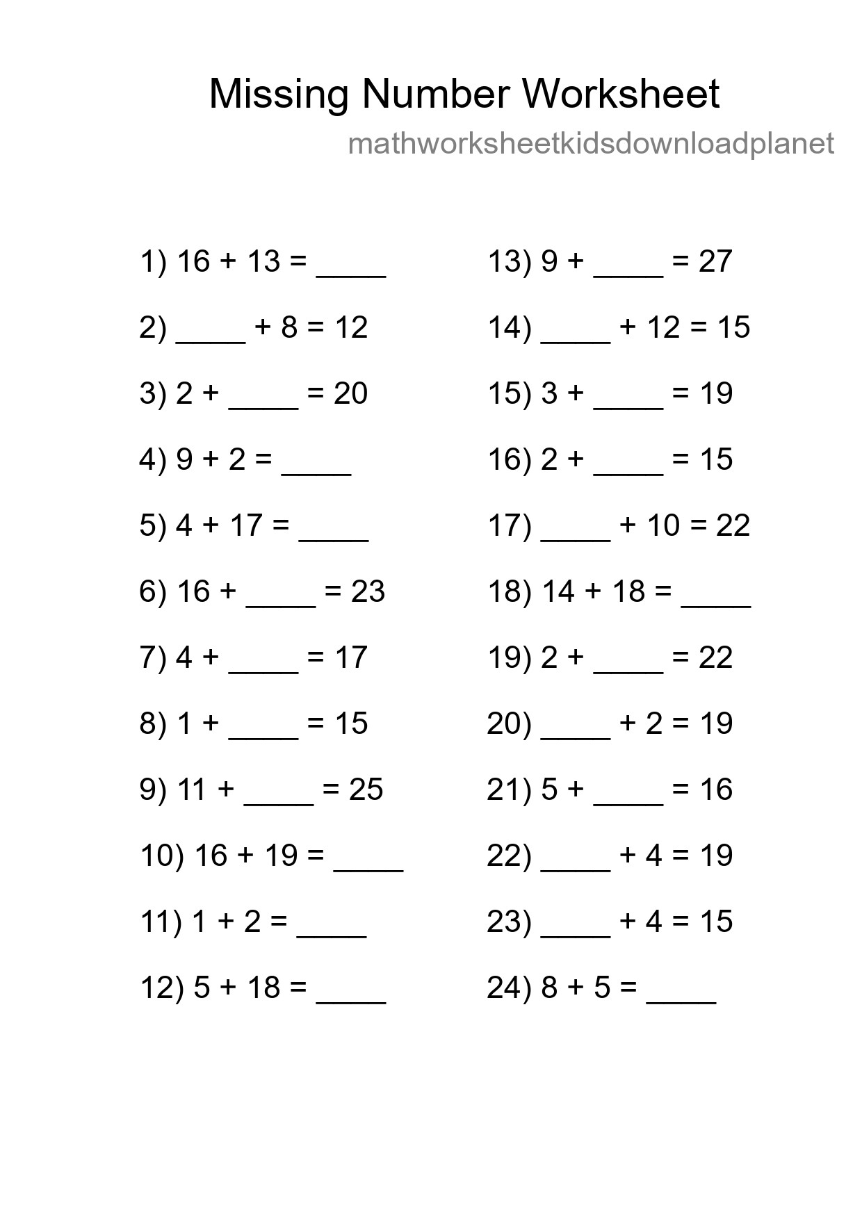 Missing Number Math Worksheet