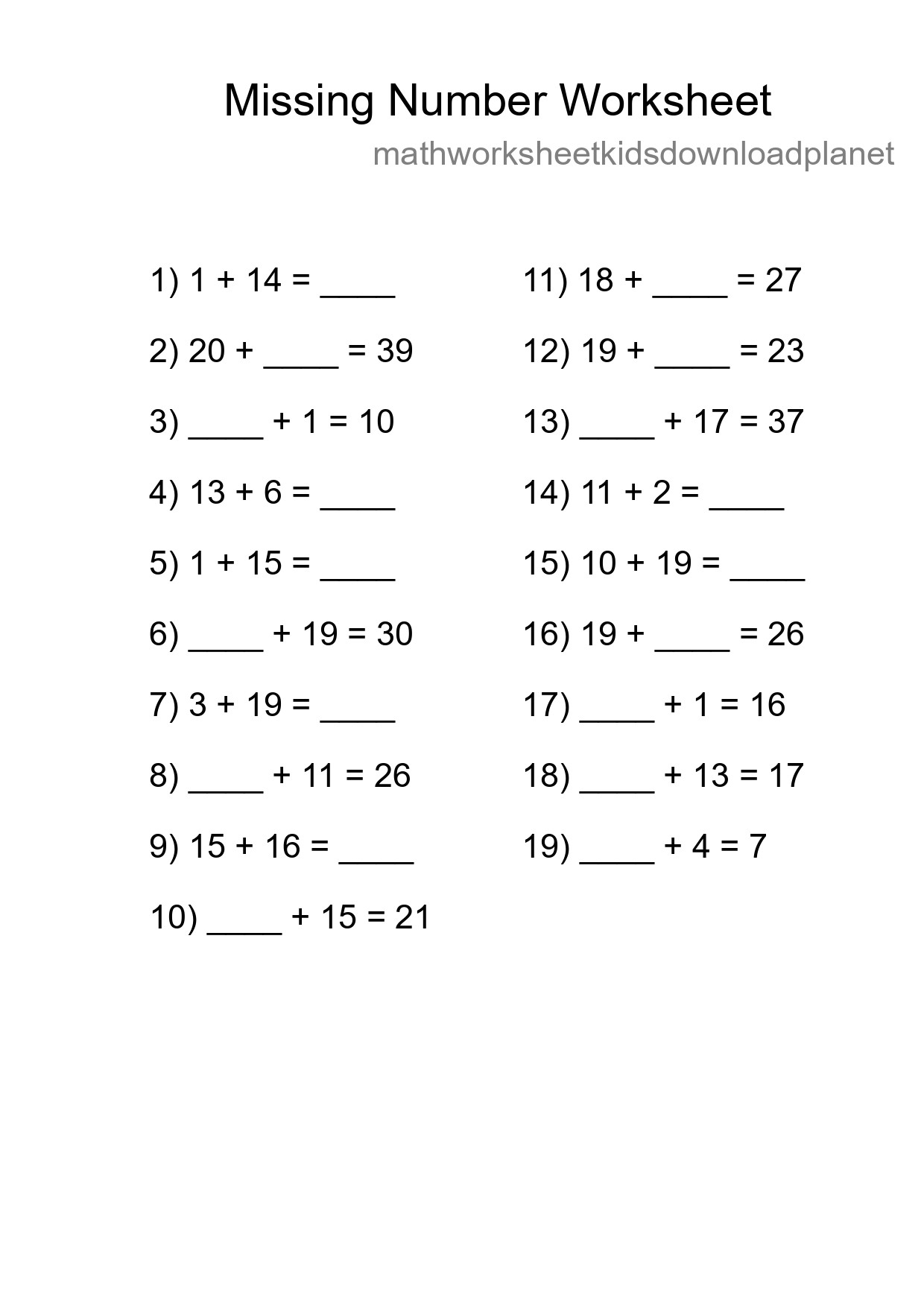Missing Number Math Worksheet