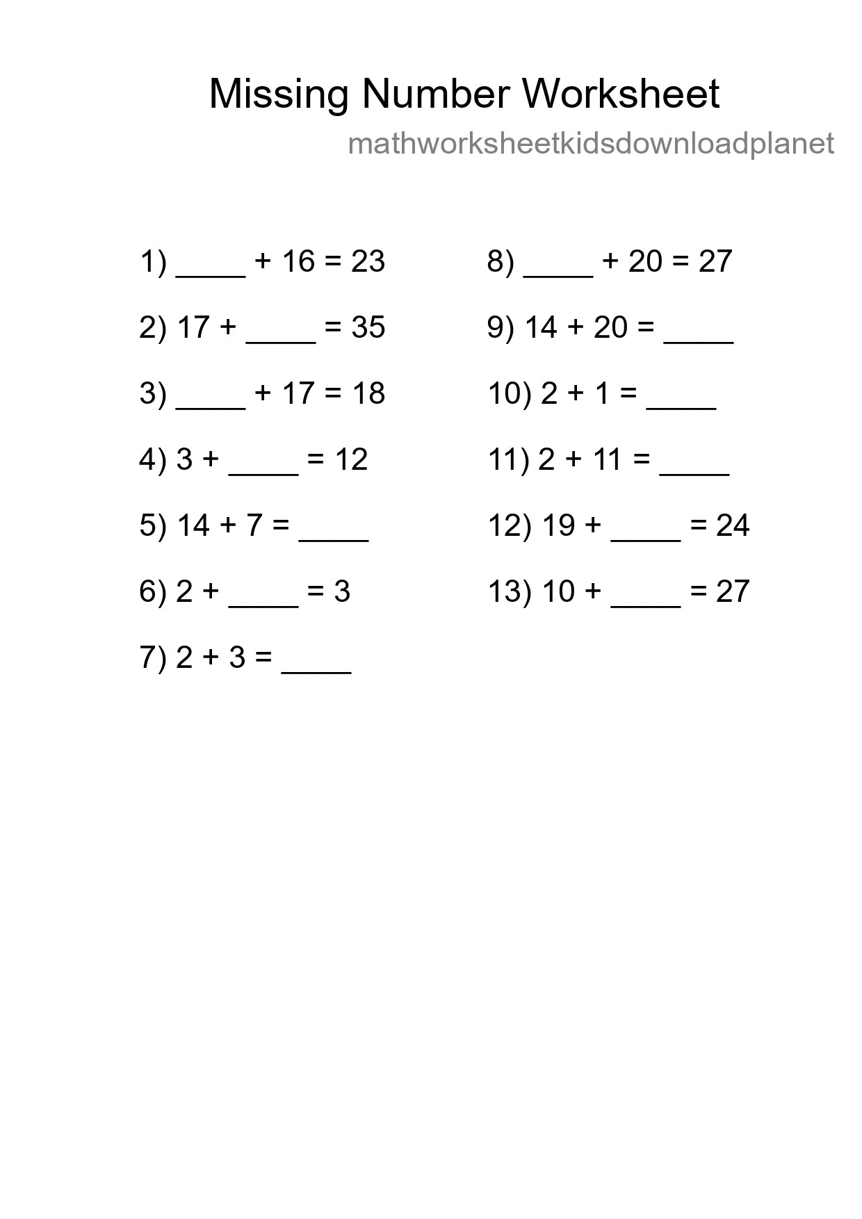 Missing Number Math Worksheet