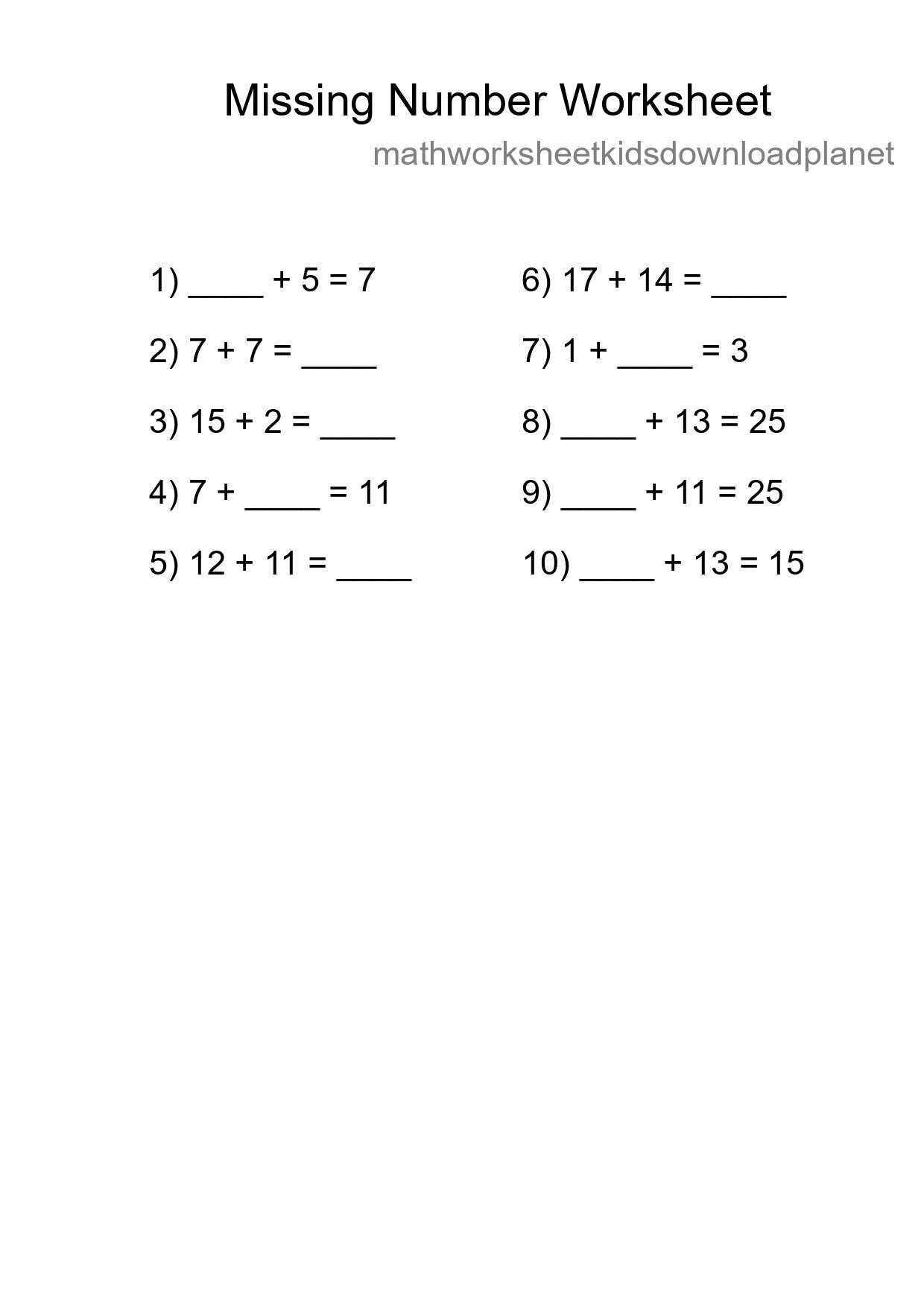 Missing Number Math Worksheet