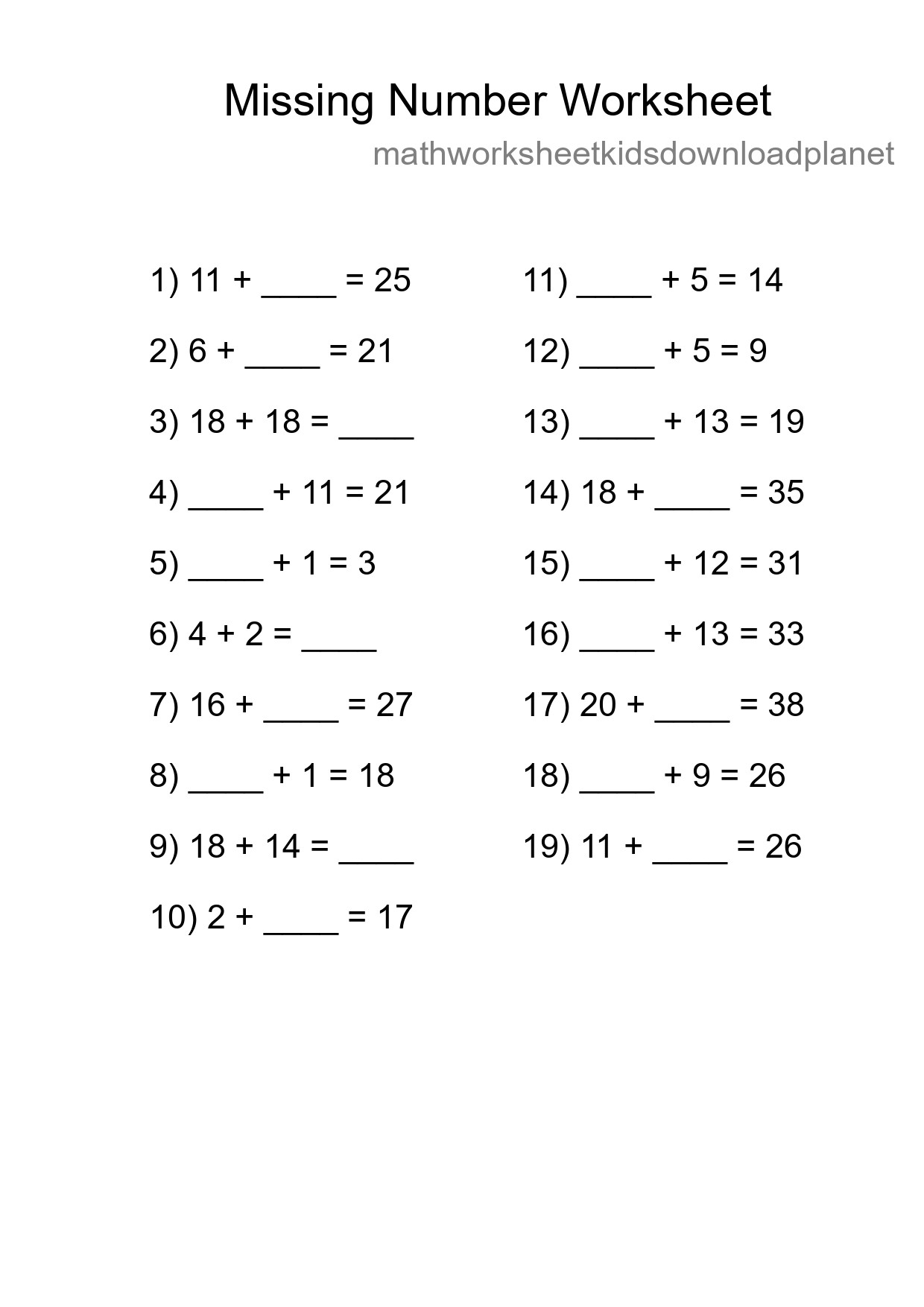 Missing Number Math Worksheet